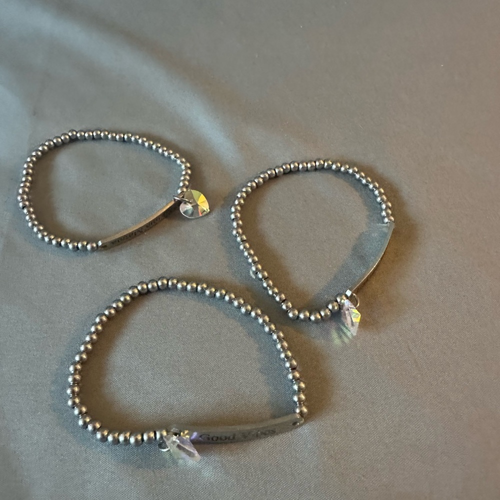 Chic Silver Beaded Bracelet Set with Crystal Charms and saying